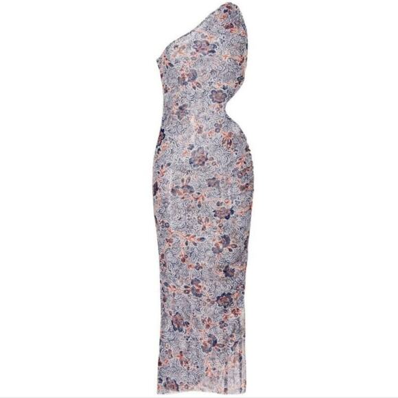 MISA LA Dress Size Large One-Shoulder Cut-Out Sheer Aries Blue/Red/White - Picture 5 of 13